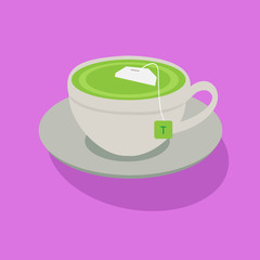 Realistic vector image of cup of tea on colored background.