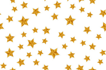 Seamless festive golden pattern with realistic stars on white background.