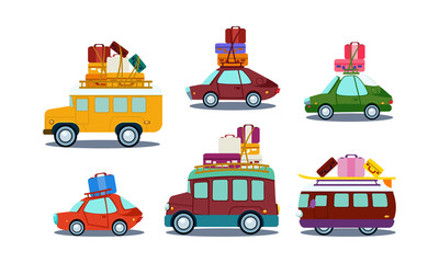 Flat vector set of colorful automobiles with luggage on roof. Bus, van and car. Road trip theme