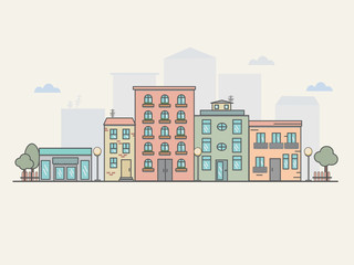 City outdoor day landscape house and street buildings outdoor cityspace disign vector illustration...