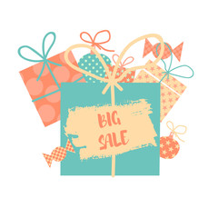 Gift Box, Christmas tree toy, brunch. Text place. Card design. Sale banner