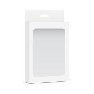 White blank box mockup with transparent window and hanging tab - half side view. Packaging for mobile accessories. Vector illustration