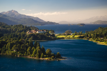 Argentine Lake District at sunrise view of the Llao Llao hotel and the lake lago Nahuel Huapi