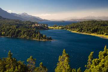 Fototapeta premium Argentine Lake District at sunrise view of the Llao Llao hotel and the lake lago Nahuel Huapi