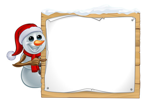 A snowman Christmas cartoon character wearing a Santa Claus hat and pointing at a sign