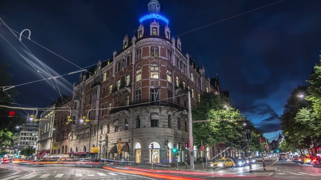 Stockholm city center at night Time Lapse. City street and old building in Stockholm &Ouml;stermalm downtown, Sweden