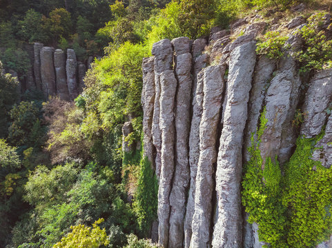 Aerial picture from nice natural basalt columns in a volcanic hill Saint George, near the lake Balaton of Hungary