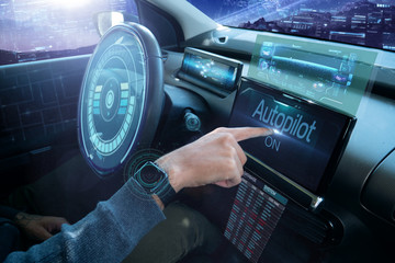 in a futuristic world a person drives a car of the future with holographic technology and augmented...