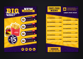 Fast food menu brochure design vector template in A4 size. flyer, baner and Layout Design. food concept.