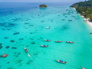 High aerial overview of entire tropical Thai island of Ko Lipe and Andman Sea in Thailand