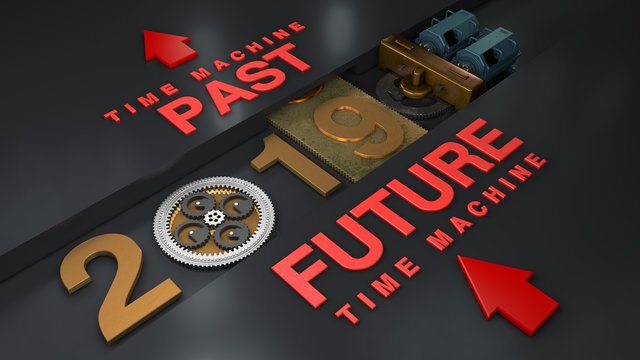 3D illustration of an electric motor that rotates the gear with gears and planetary gear and moves the date 2019. The idea of a time machine. 3D rendering