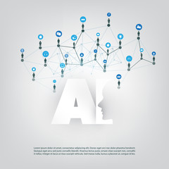 Artificial Intelligence, Internet of Things and Smart Technology Concept Design with AI Logo and Icons - Business Network Connections, Vector Illustration