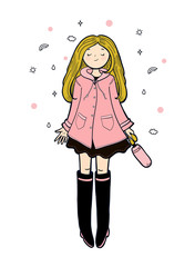Young woman in a pink slicker is enjoying autumn weather. Vector illustration.