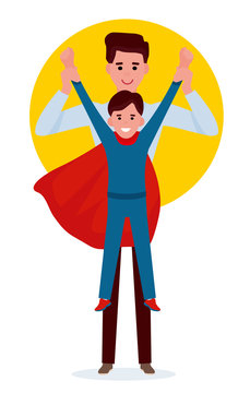 Kid boy playing superman with father. Cartoon vector flat illustration on white background.