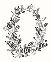 Vintage Christmas Floral Frame with Hand Drawn Ornament, Leaves, Fir Twigs and Cones