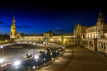 Fototapeta na wymiar view of the Plaza de España in Seville at night in Andalucia, Spain