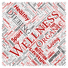 Vector conceptual healthy living positive nutrition sport square red word cloud isolated background. Collage of happiness care, organic, recreation workout, beauty, vital healthcare spa concept