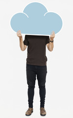 Man holding a blue cloud symbol