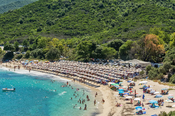 Fototapeta premium Olympiada, Greece - August 11, 2018: Proti Ammoudia beach, one of the most beautiful beaches in the Aegean Sea.