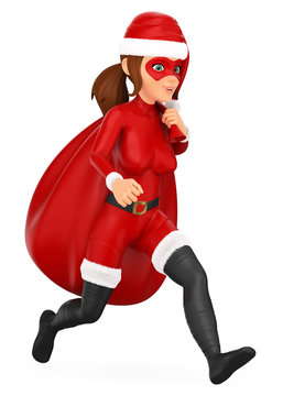 3D Woman christmas superhero running with a sack of gifts