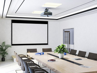 Large conference room with projectors, conference tables and chairs, etc. - obrazy, fototapety, plakaty