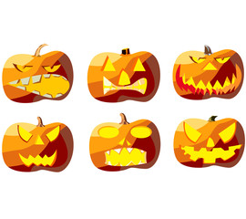 Set of six pumpkins for Halloween, objects isolated on white background