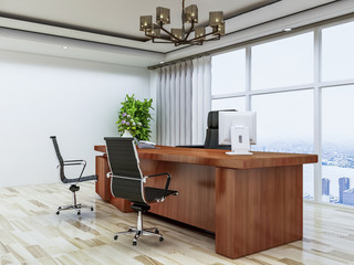 The office of the company's top management, leather sofas, wooden office tables and floor-to-ceiling windows, etc.