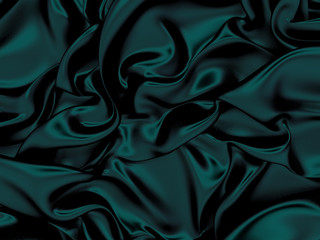 3d render, dark emerald green silky drapery, crumpled fabric background, folded textile texture, chaotic folds, fashion drapery wallpaper