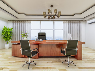 The office of the company's top management, leather sofas, wooden office tables and floor-to-ceiling windows, etc.
