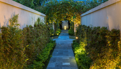 Garden path in resort with warm light and trees on side at evening, Garden Decoration.
