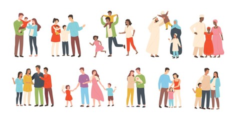 Set of happy traditional heterosexual families with children. Smiling mother, father and kids. Cute cartoon characters isolated on white background. Colorful vector illustration in flat style.