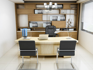 Modern company leadership office, leather chairs, wooden tables, bookshelves, etc.