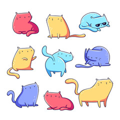Cute colorful cats doodles. Different poses, kawaii, hand drawn style. Design elements for print (stickers, greeting cards, t-shirt, poster). Isolated on white background.