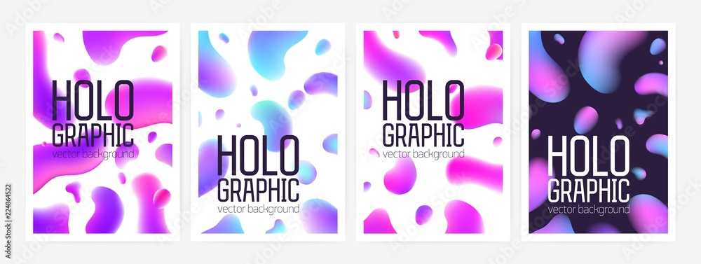 Poster collection of stylish holographic backgrounds or backdrops with abstract shapes or gradient colored 