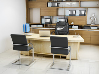 Modern company leadership office, leather chairs, wooden tables, bookshelves, etc.