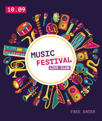 Music festival. Music instruments background. Vector illustration
