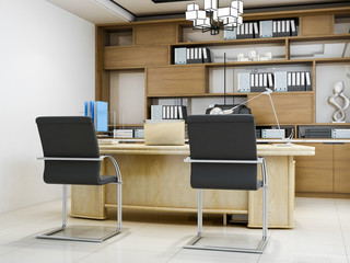 Modern company leadership office, leather chairs, wooden tables, bookshelves, etc.