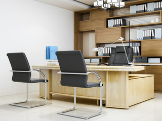 Naklejka premium Modern company leadership office, leather chairs, wooden tables, bookshelves, etc.