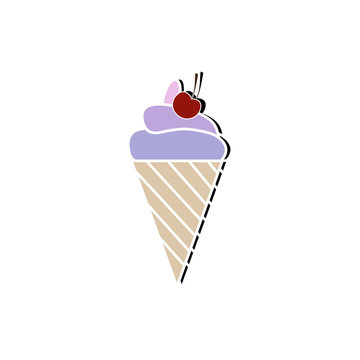 Ice cream cone with cherry. Sweet cold dessert icon.