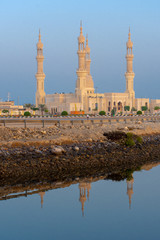 In the morning sunrise, the Sheikh's Zayed's Mosque in Ras al Khaimah, UAE stands out on the Corniche