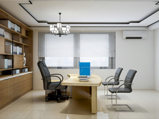 Modern company leadership office, leather chairs, wooden tables, bookshelves, etc.