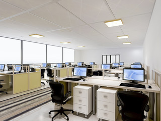 Corporate staff office in a commercial building, many tables and chairs in a floor office building