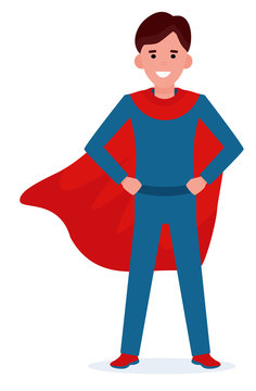 Kid boy in superhero suit. Cartoon flat vector illustration on white background