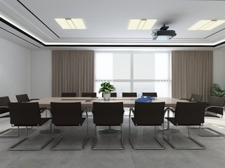 Large conference room, wooden table, chairs and projections