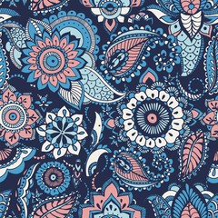 Turkish paisley seamless pattern with buta motifs and Arabic floral mehndi elements on blue background. Colorful decorative vector illustration for fabric print, wallpaper, wrapping paper, backdrop.