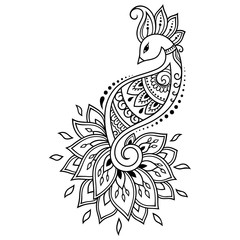Mehndi flower pattern with peacock for Henna drawing and tattoo. Decoration in ethnic oriental, Indian style.