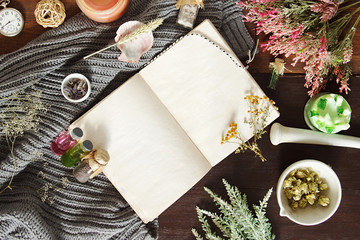 vintage notebook surrounded by herbs, alchemy appliances, potions and ingredients lies on a dark...