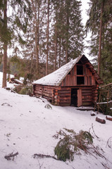 A hut in the winter forest. The hunter's house.