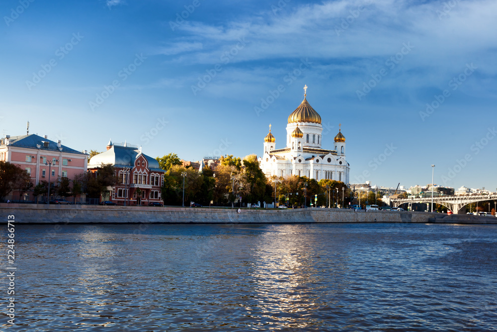 Wall mural beautiful city landscape, the capital of russia, moscow. view of the river, city center and the cath