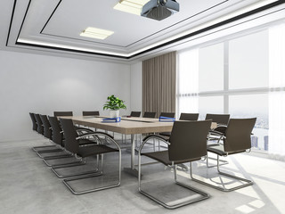 Large conference room, wooden table, chairs and projections